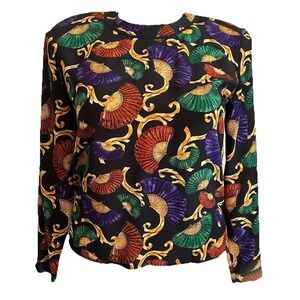 VTG Talbots Silk Long Sleeve Top Women's 8 Asian Inspired Multicolor Print
